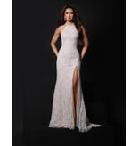 KATE PARKER Pearl/Lace high neck fitted gown w/leg slit 26270