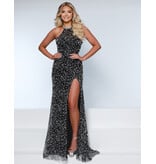 KATE PARKER Pearl/Lace high neck fitted gown w/leg slit 26270