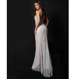 KATE PARKER Pearl/Lace high neck fitted gown w/leg slit 26270