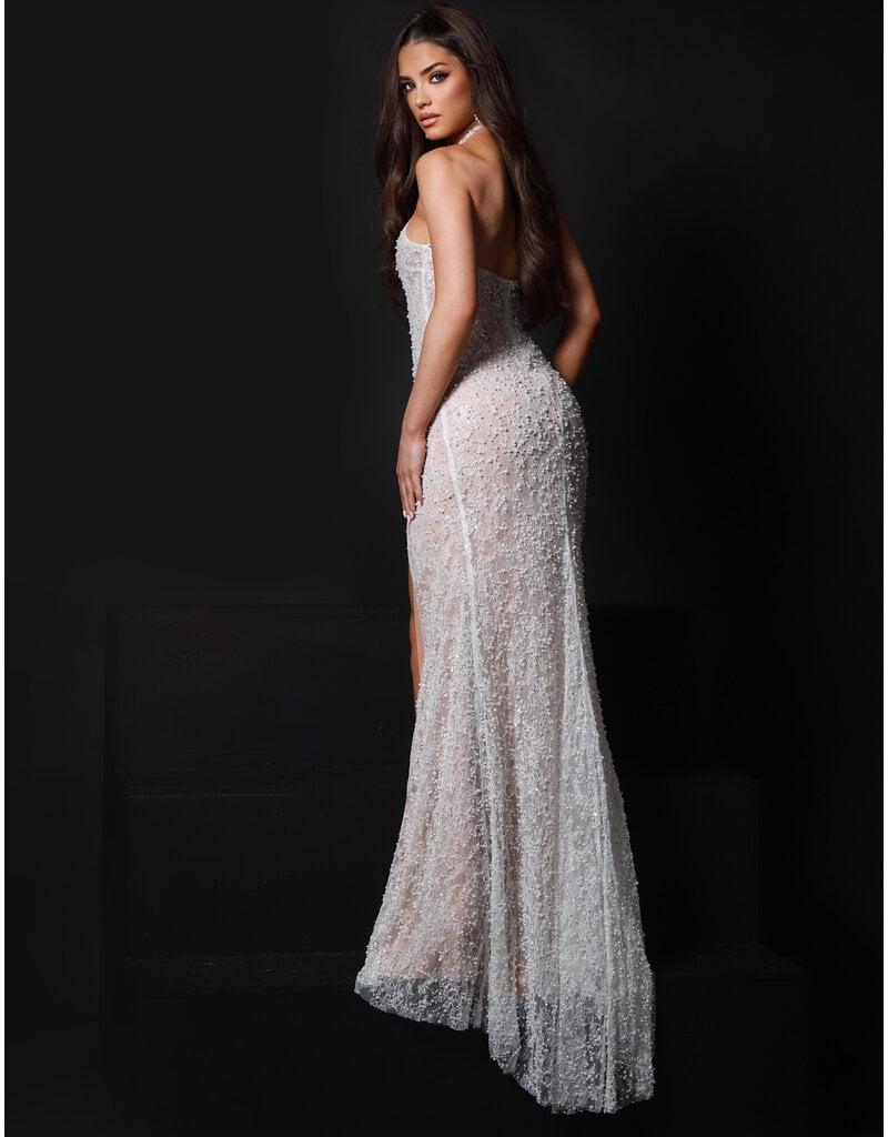 KATE PARKER Pearl/Lace high neck fitted gown w/leg slit 26270