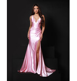 KATE PARKER Shimmer satin rouched bodice halter fitted gown 26299