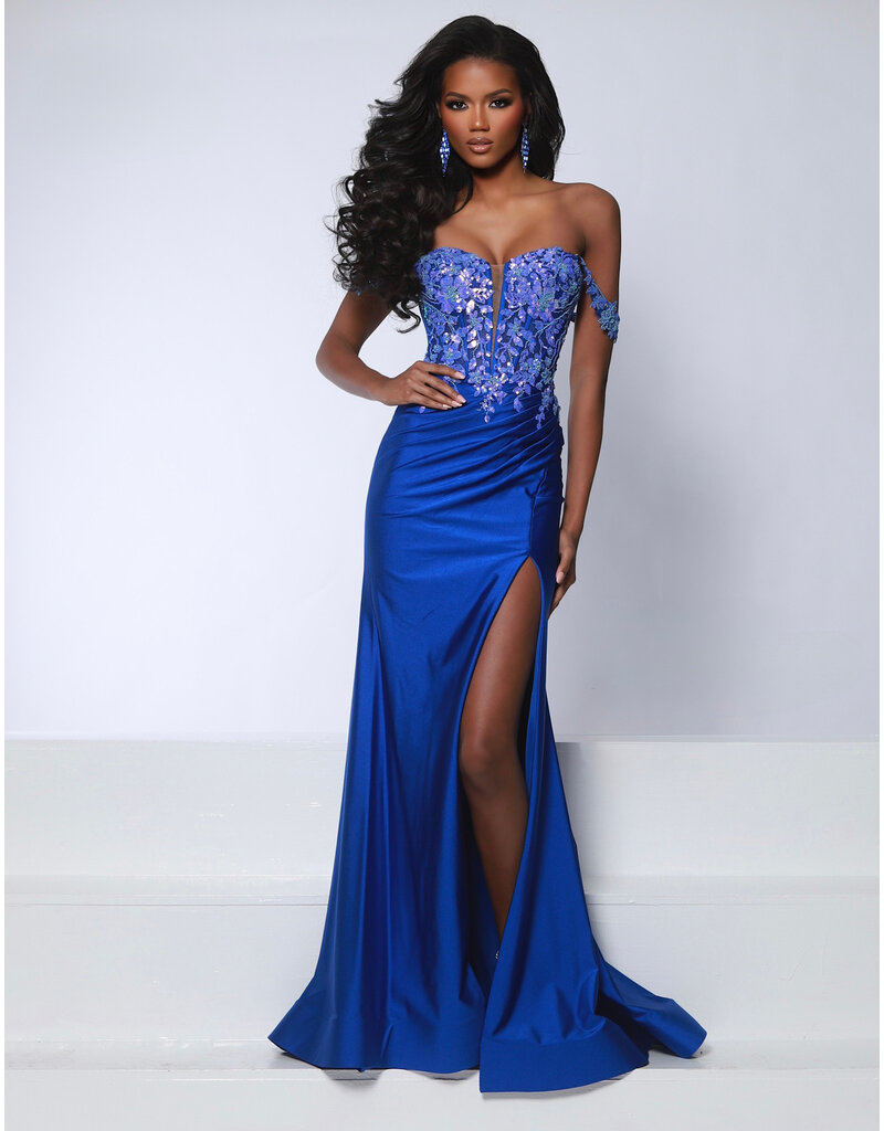 KATE PARKER Sequin lace off the shoulder bodice fitted gown 26987