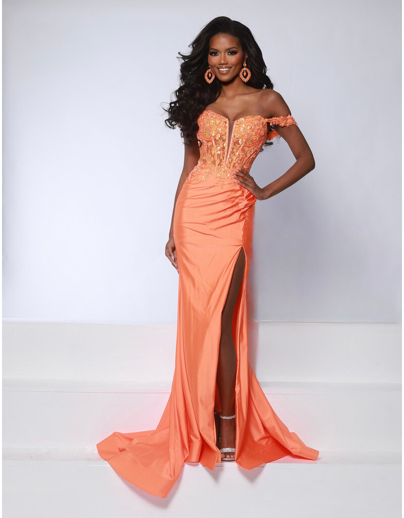 KATE PARKER Sequin lace off the shoulder bodice fitted gown 26987