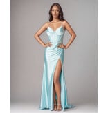 Beaded corset satin fitted gown w/slit 322690