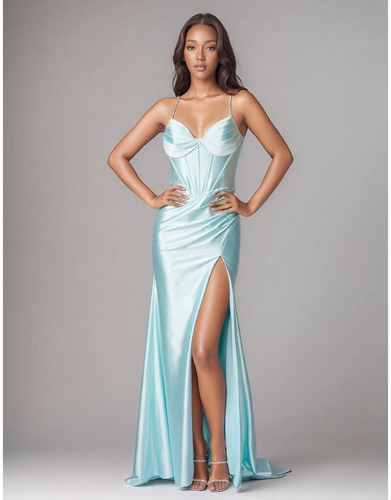 Beaded corset satin fitted gown w/slit 322690
