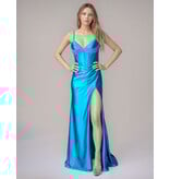 Beaded corset satin fitted gown w/slit 322690