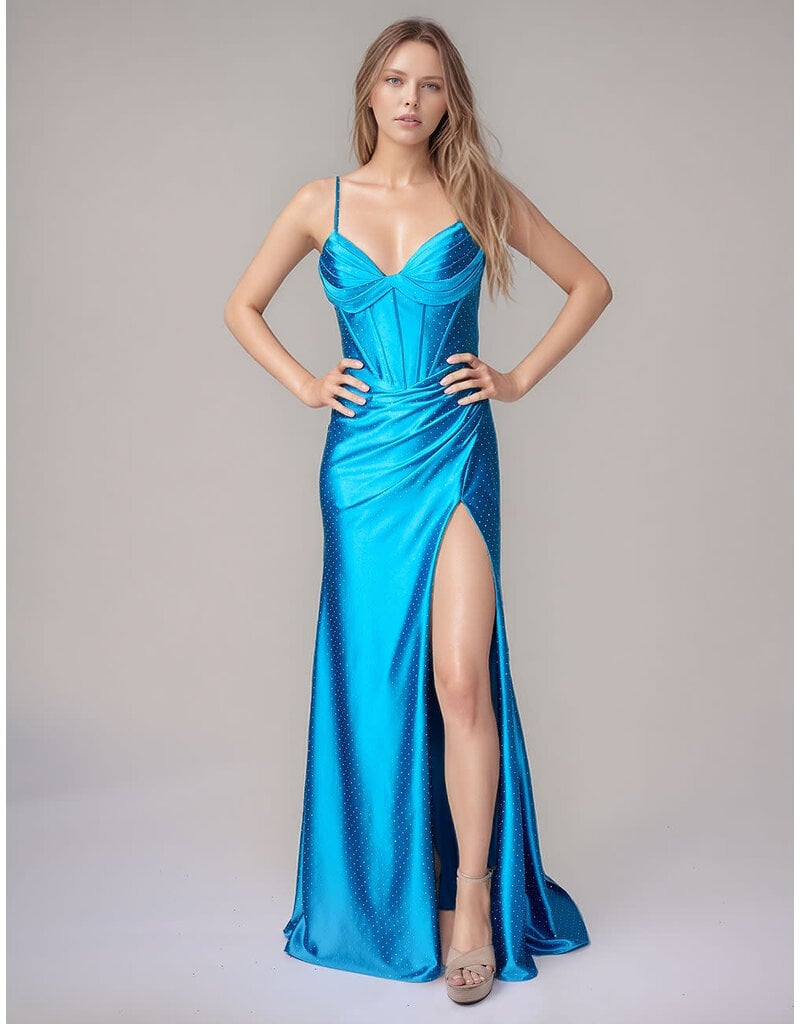 Beaded corset satin fitted gown w/slit 322690