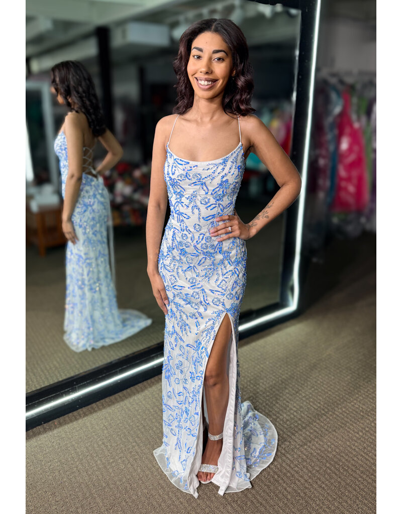 PAUL REKHI Spaghetti strap lace up back beaded fitted gown 102605