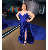 JK SYDNEYS CLOSET Lace velvet beaded fitted gown w/cape & leg slit 2617