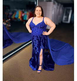 JK SYDNEYS CLOSET Lace velvet beaded fitted gown w/cape & leg slit 2617