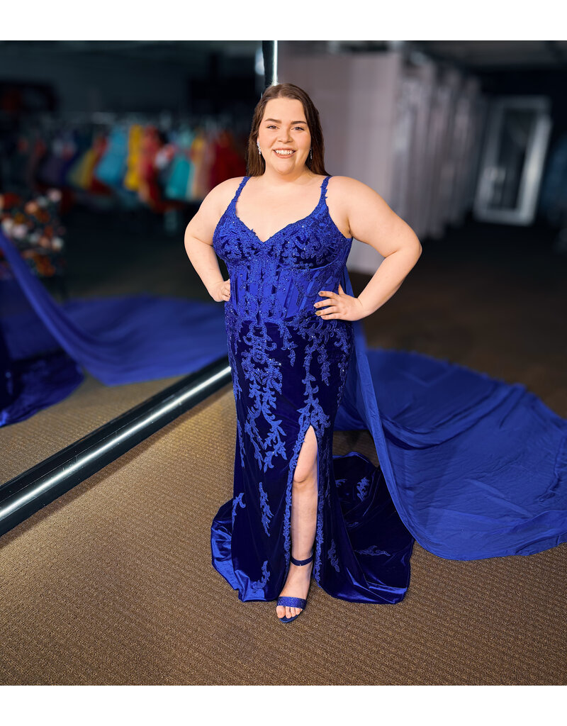 JK SYDNEYS CLOSET Lace velvet beaded fitted gown w/cape & leg slit 2617