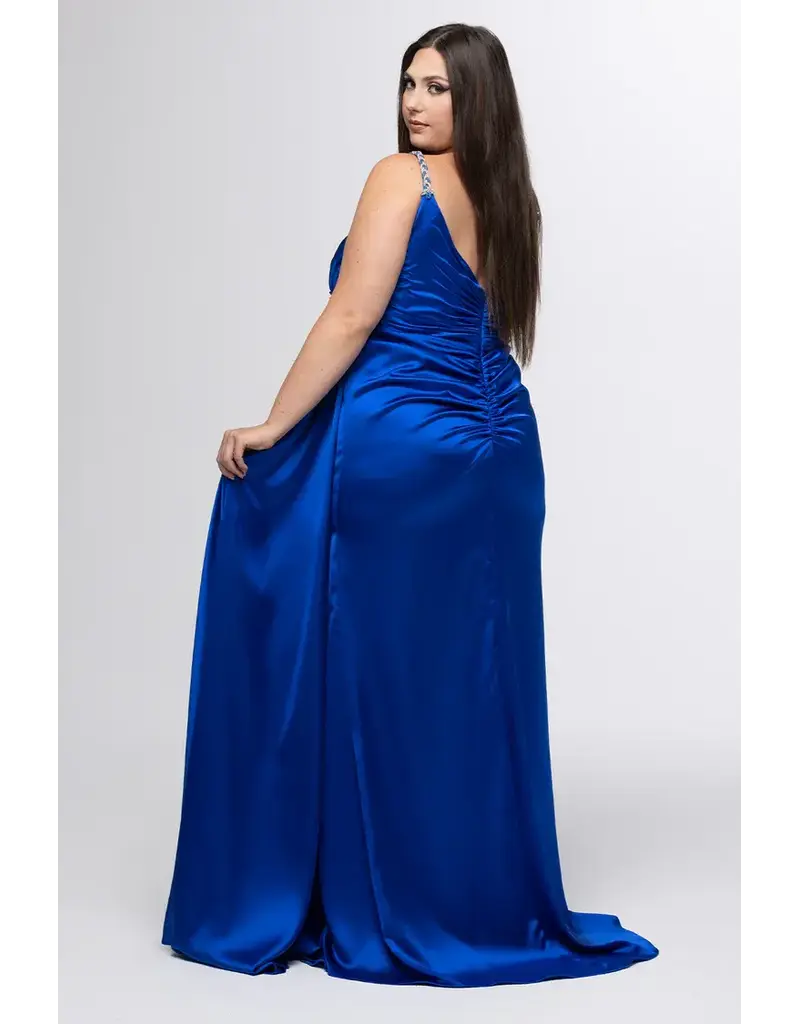 JK SYDNEYS CLOSET Beaded spaghetti strap charmuse fitted rouched gown 262612