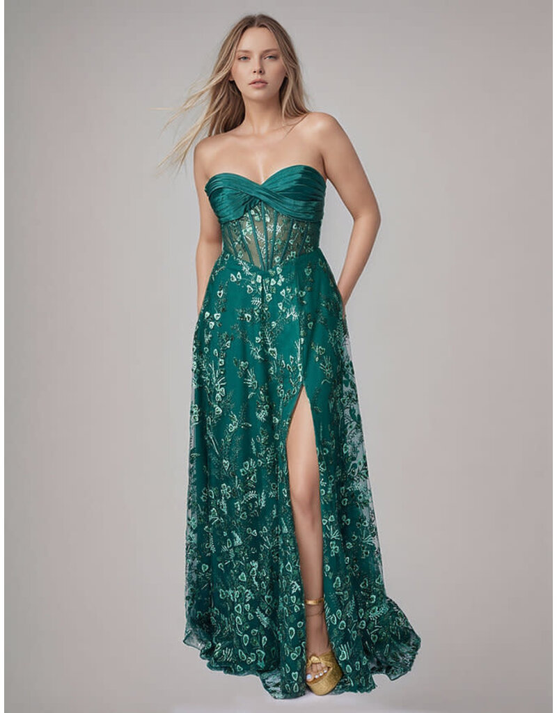 Strapless satin wrap bust sequin a-line 1599