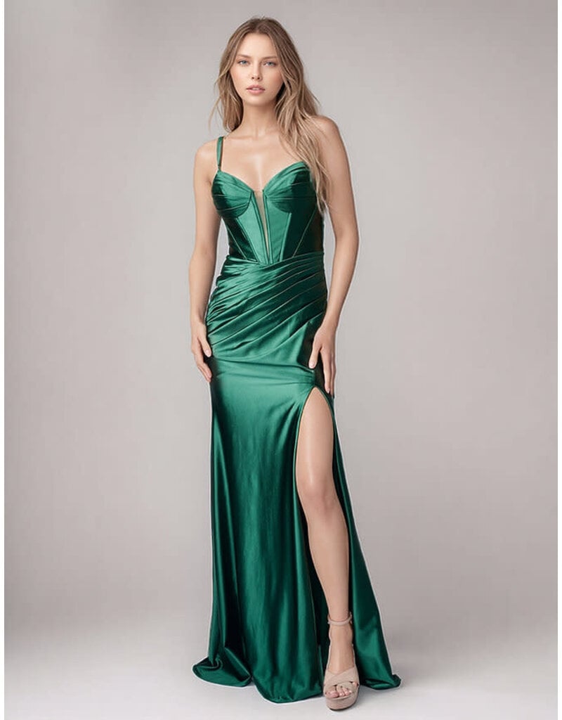 Shimmer satin corset fitted gown w/slit 1609