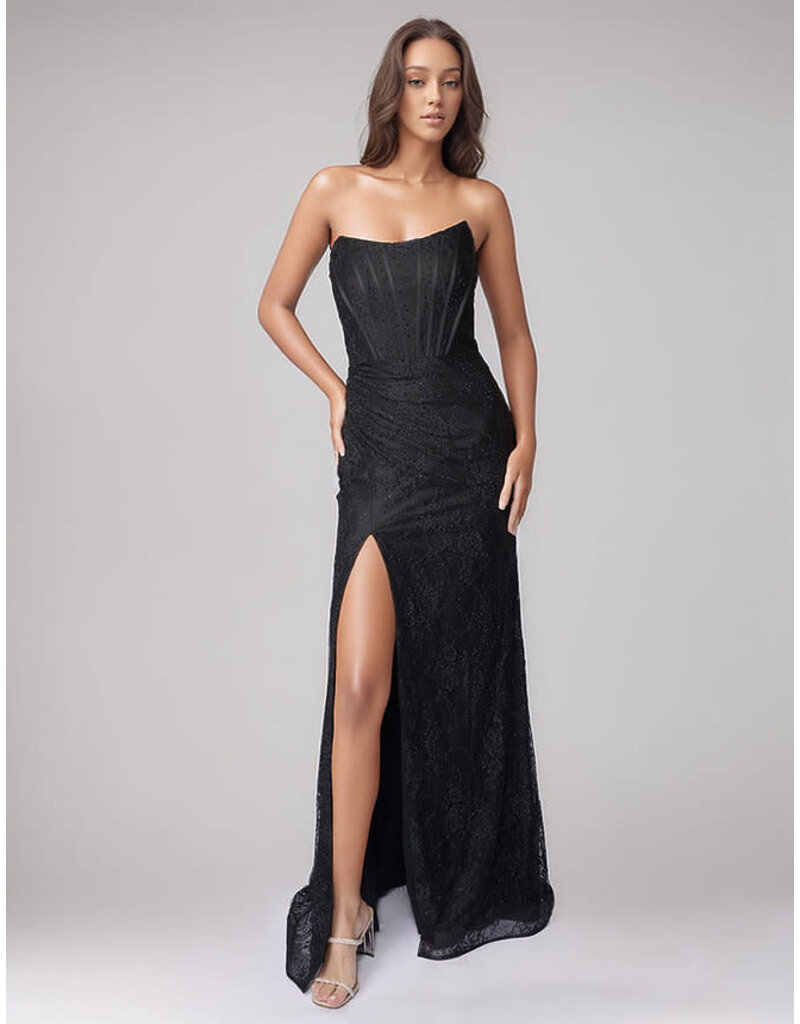 Strapless lace fitted gown w/slit 6702