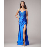 Beaded corset bodice fitted satin gown 6711