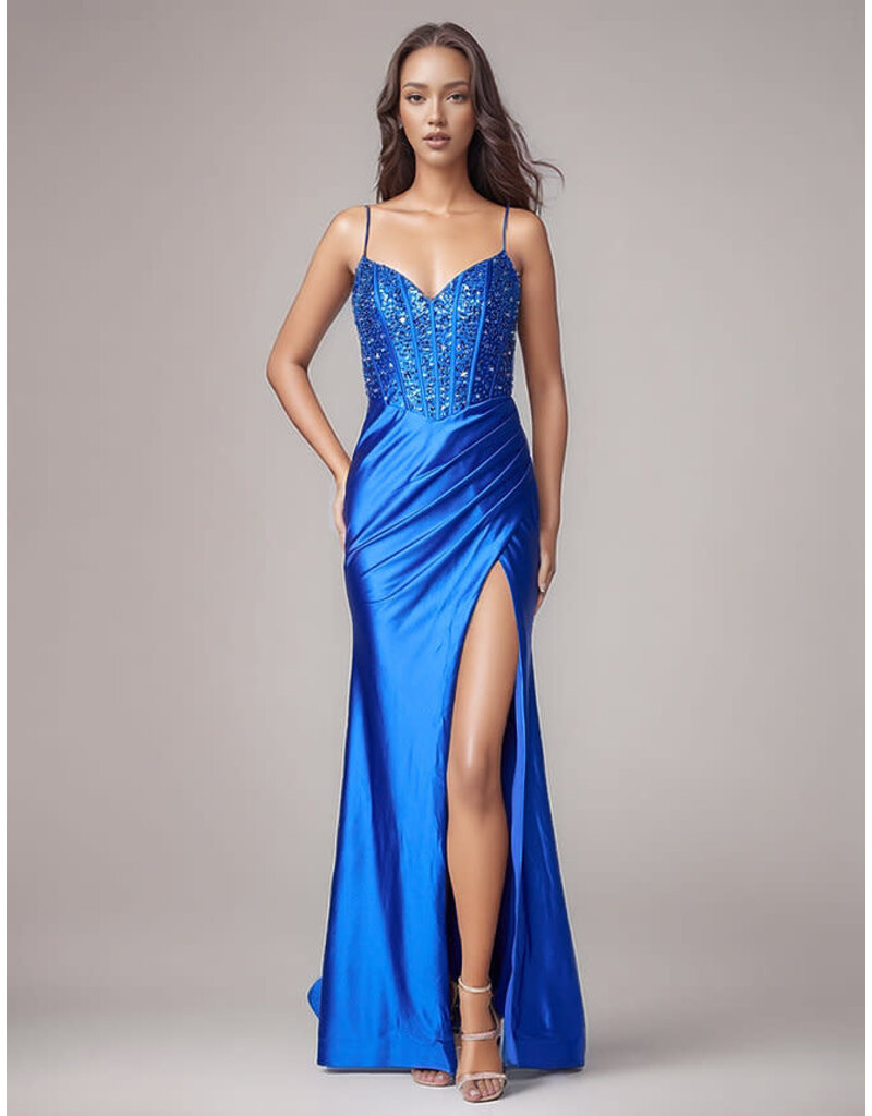 Beaded corset bodice fitted satin gown 6711