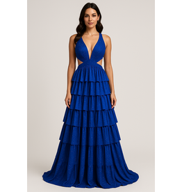 Beaded halter cut out ruffle a-line gown 9200