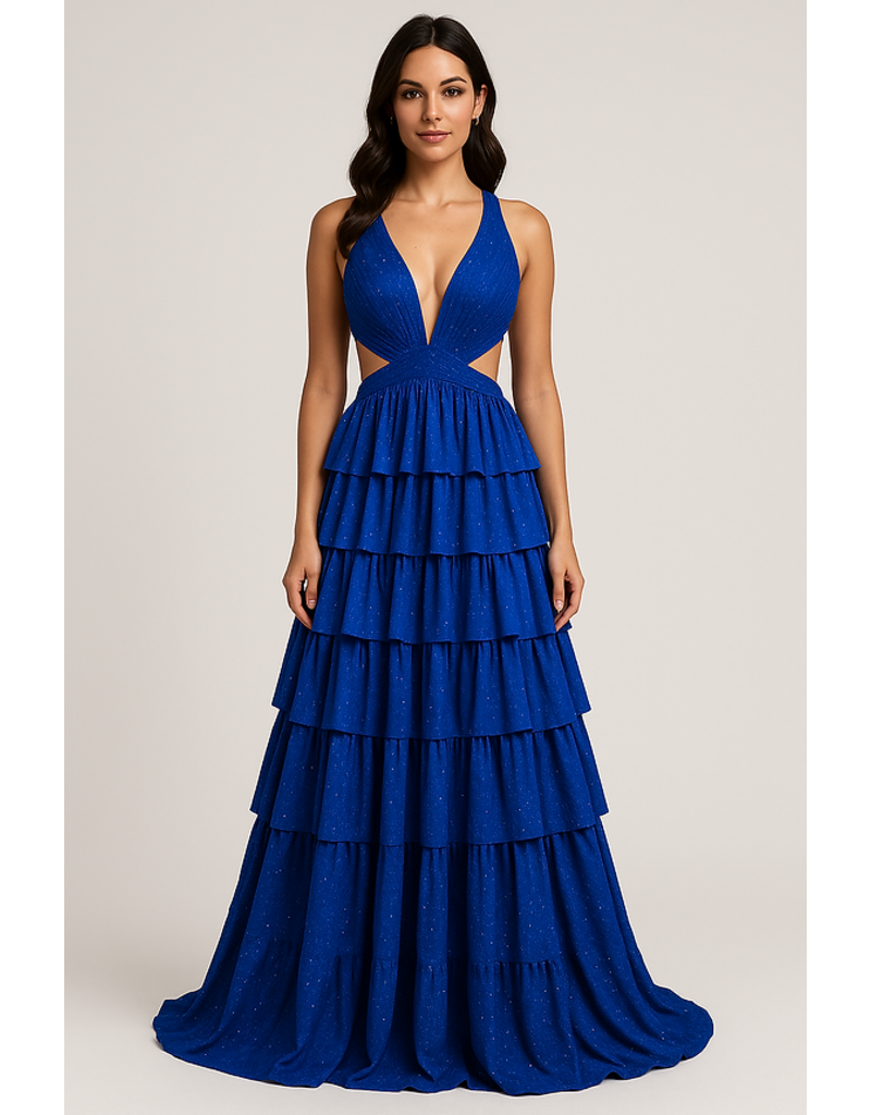 Beaded halter cut out ruffle a-line gown 9200