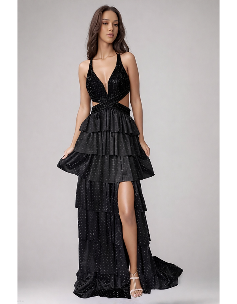 Beaded halter cut out ruffle a-line gown 9200