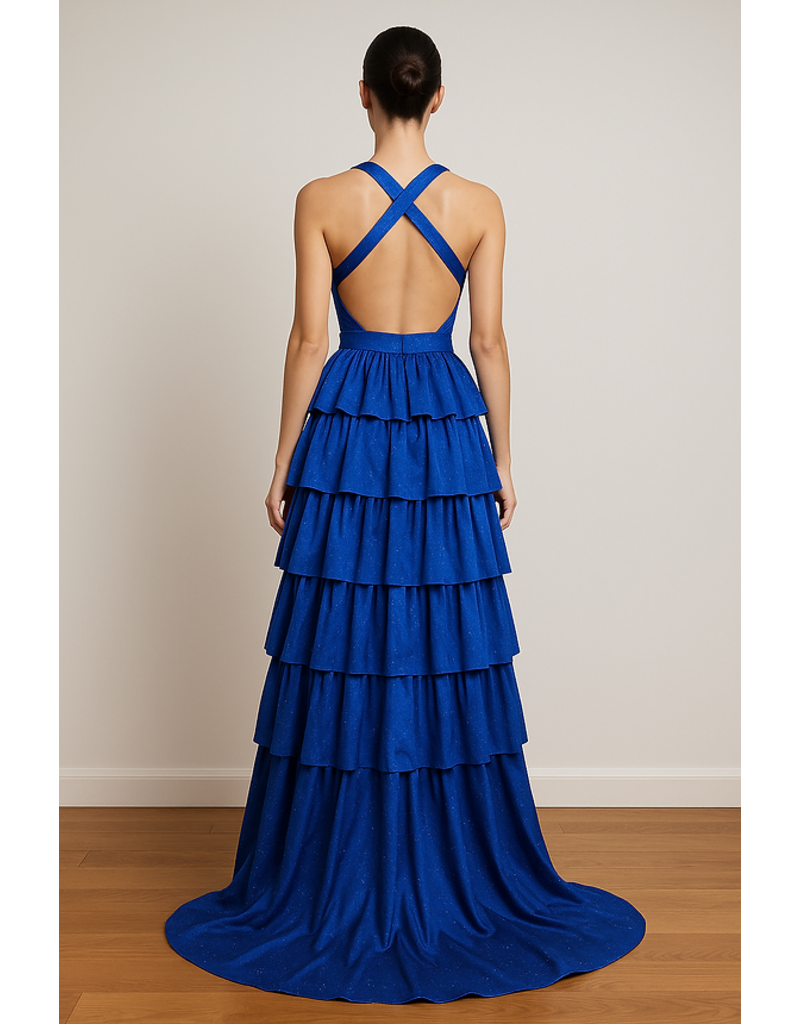 Beaded halter cut out ruffle a-line gown 9200