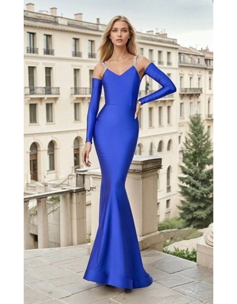 JESSICA ANGEL Beaded spaghetti strap fitted low back bow gown 2732