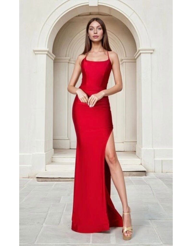 JESSICA ANGEL Spaghetti strap fitted lace up gown w/leg slit 2735