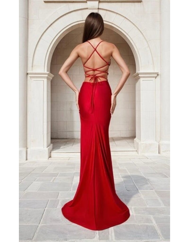 JESSICA ANGEL Spaghetti strap fitted lace up gown w/leg slit 2735