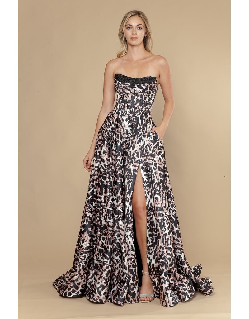 Strapless corset bodice a-line gown w/slit 2526082