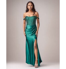Beaded corset off the shoulder bodice fitted gown 8301