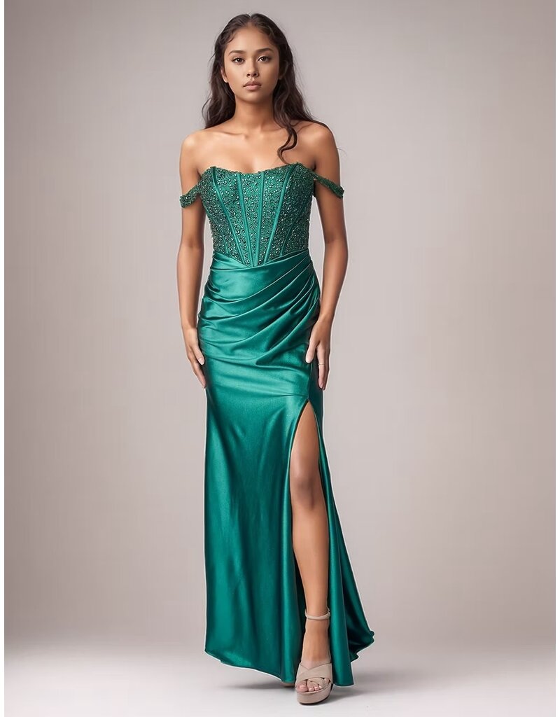 Beaded corset off the shoulder bodice fitted gown 8301