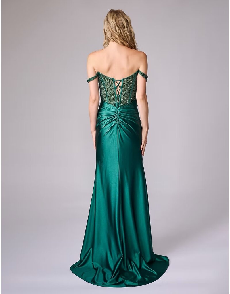 Beaded corset off the shoulder bodice fitted gown 8301