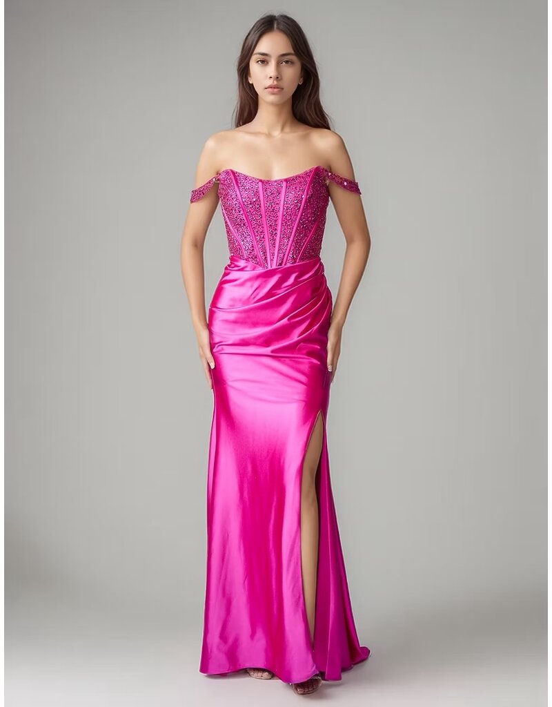 Beaded corset off the shoulder bodice fitted gown 8301