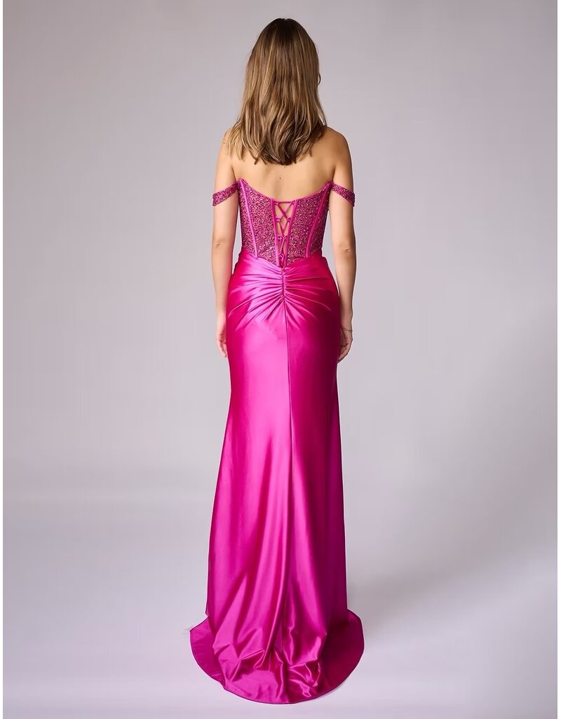 Beaded corset off the shoulder bodice fitted gown 8301