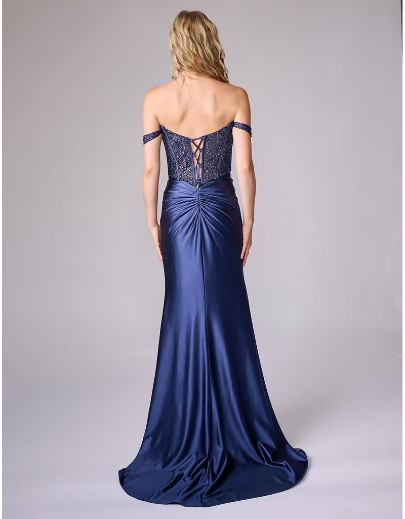 Beaded corset off the shoulder bodice fitted gown 8301