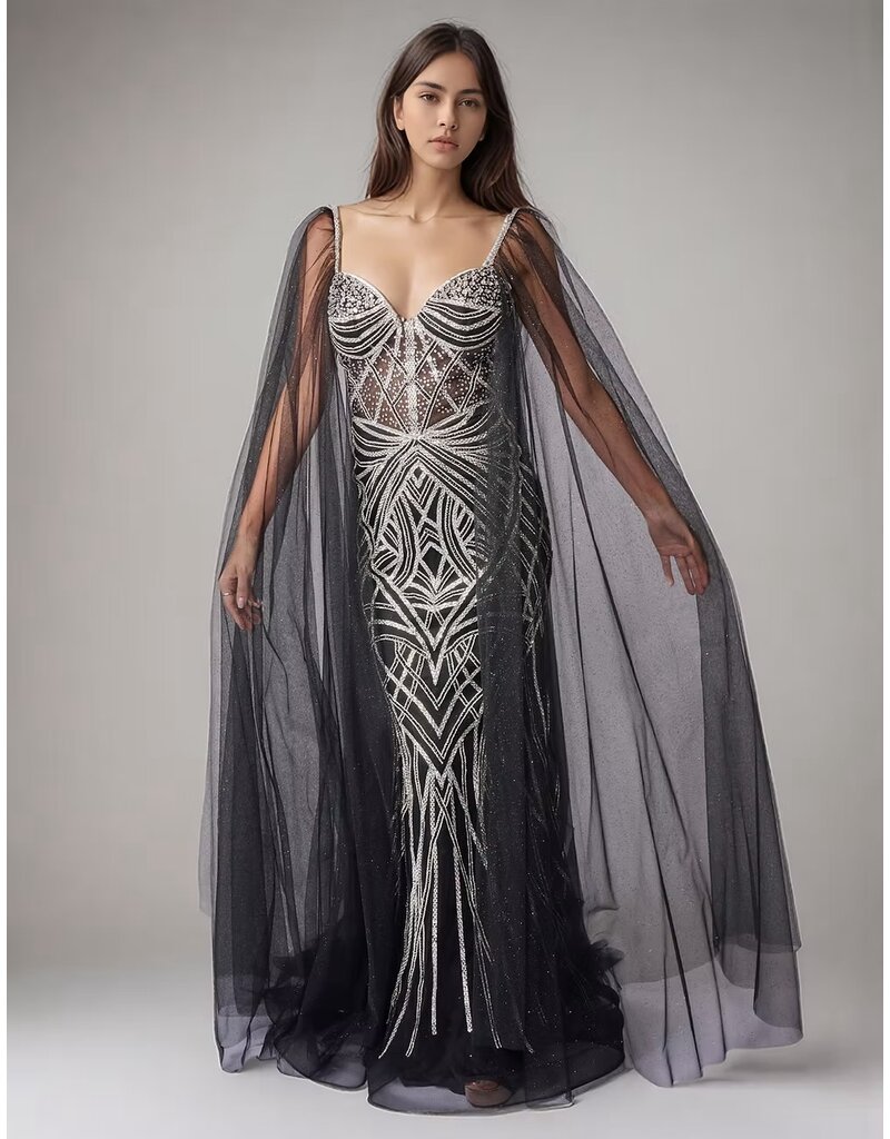 Rhinestone fit n flare beaded gown w/capes 8305