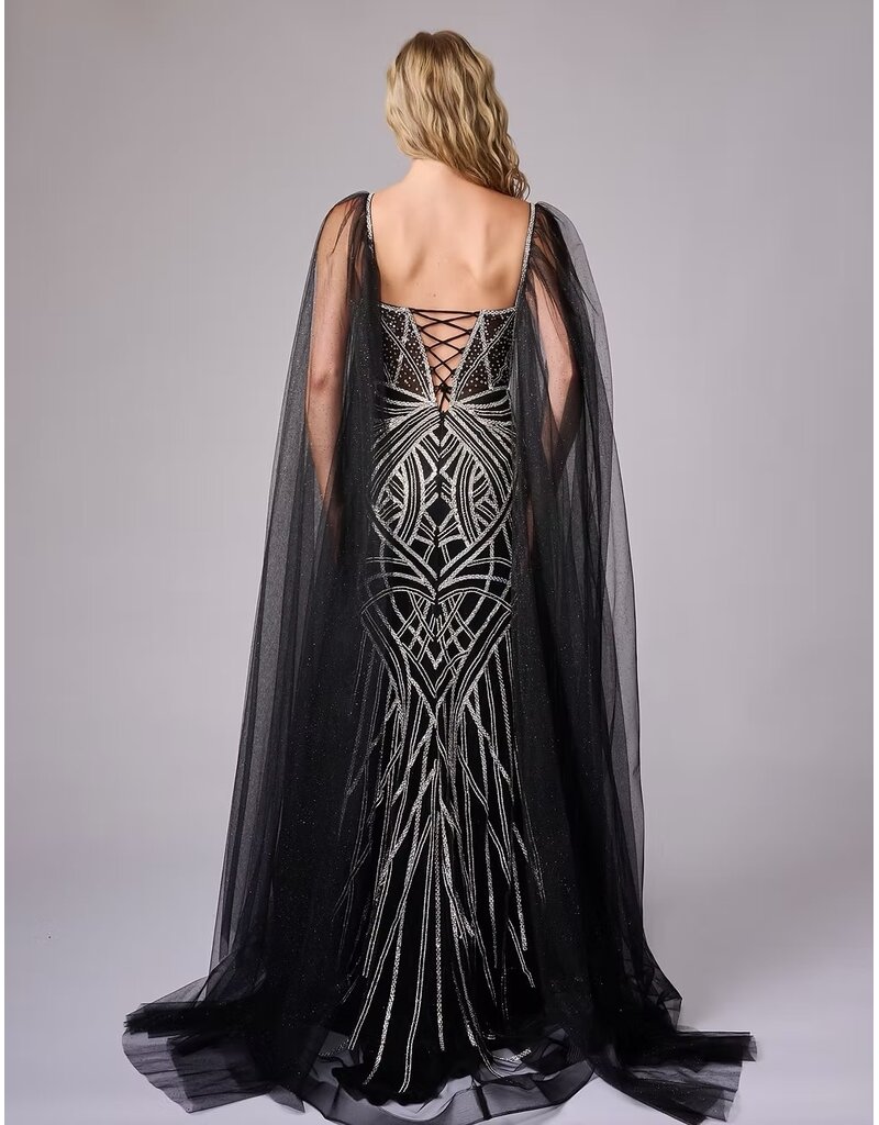 Rhinestone fit n flare beaded gown w/capes 8305