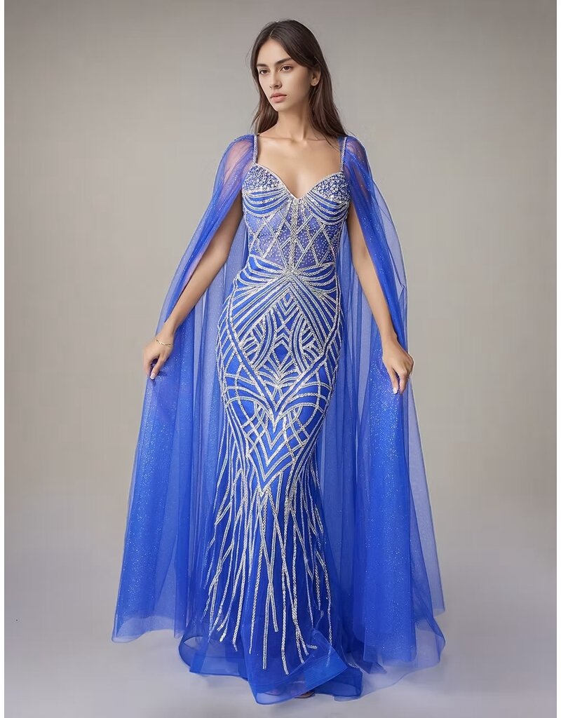 Rhinestone fit n flare beaded gown w/capes 8305