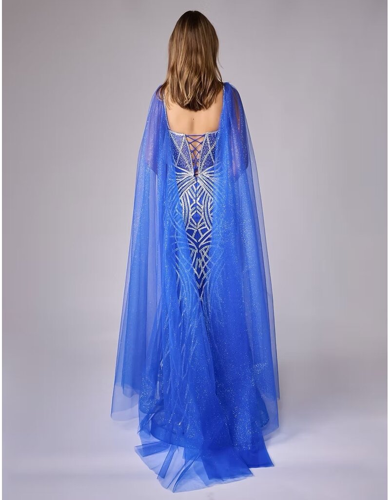 Rhinestone fit n flare beaded gown w/capes 8305