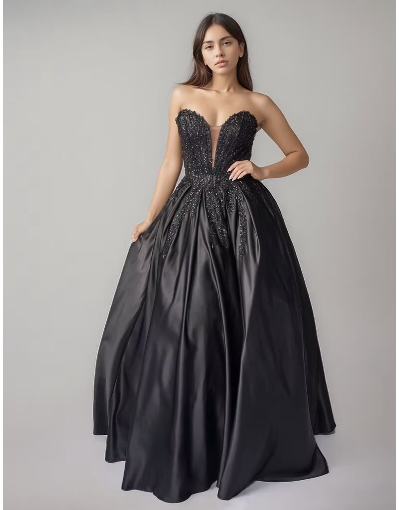 Strapless beaded lace bodice satin ballgown 8309