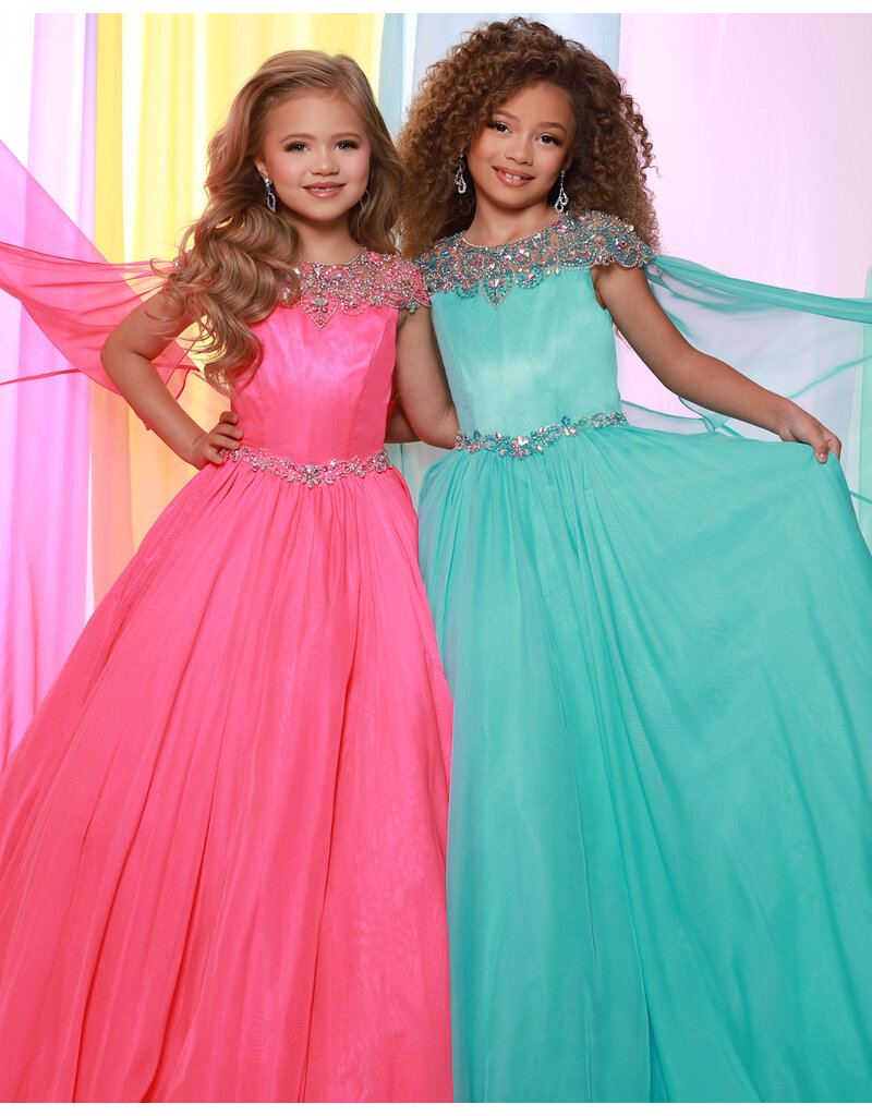 Sugar Kayne Rhinestone shoulder cape chiffon ballgown C415