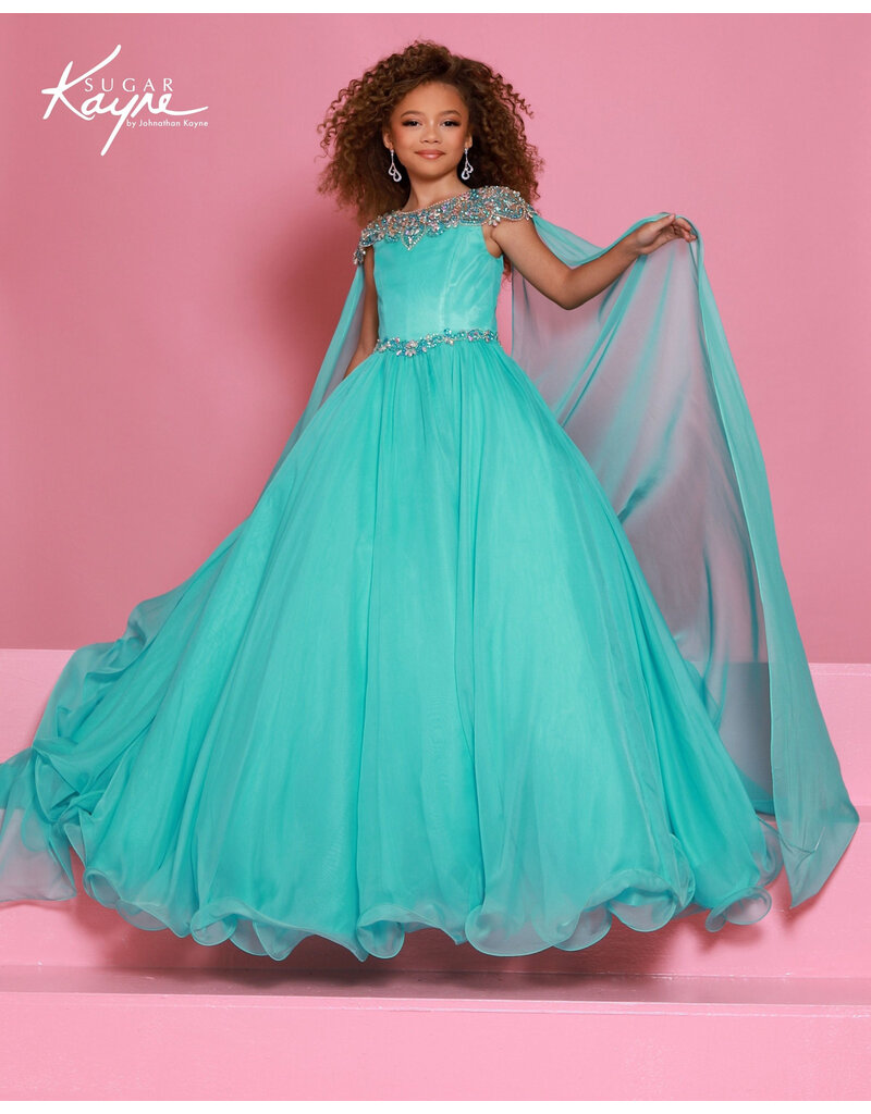 Sugar Kayne Rhinestone shoulder cape chiffon ballgown C415