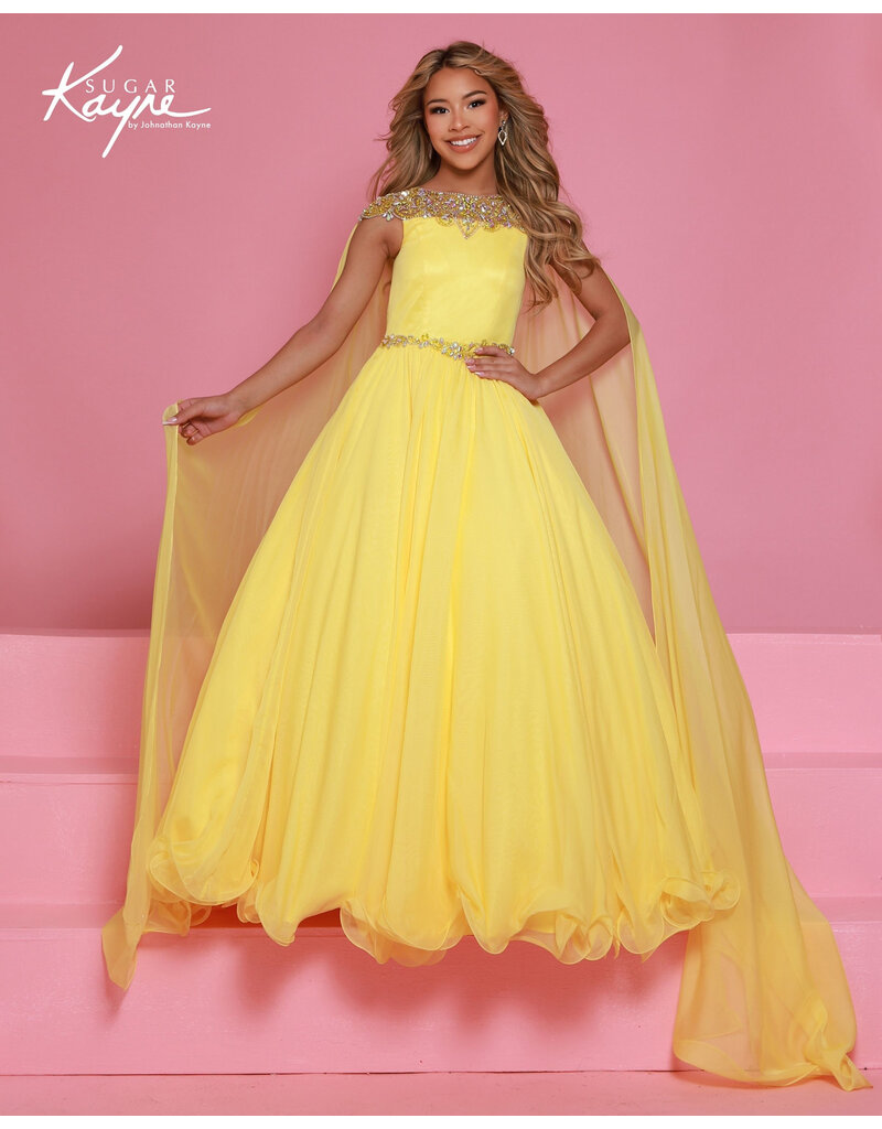 Sugar Kayne Rhinestone shoulder cape chiffon ballgown C415