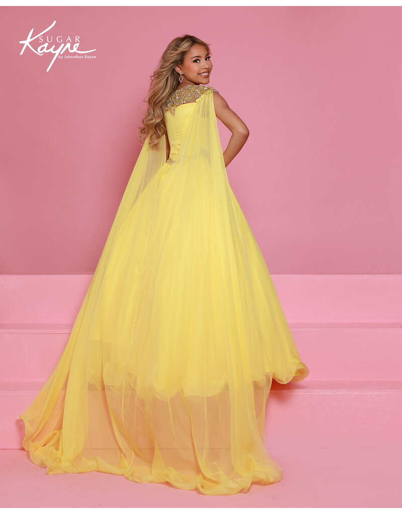 Sugar Kayne Rhinestone shoulder cape chiffon ballgown C415