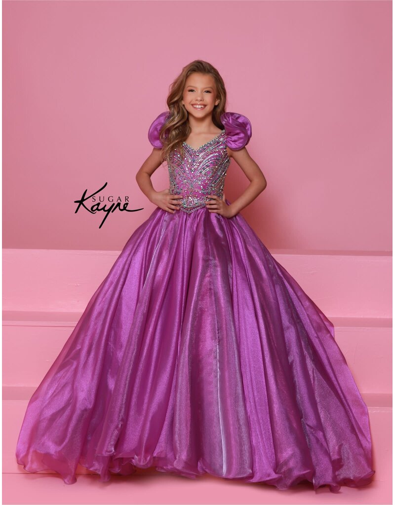 Sugar Kayne Beaded bodice organza ballgown w/ruffle cap sleeves C334
