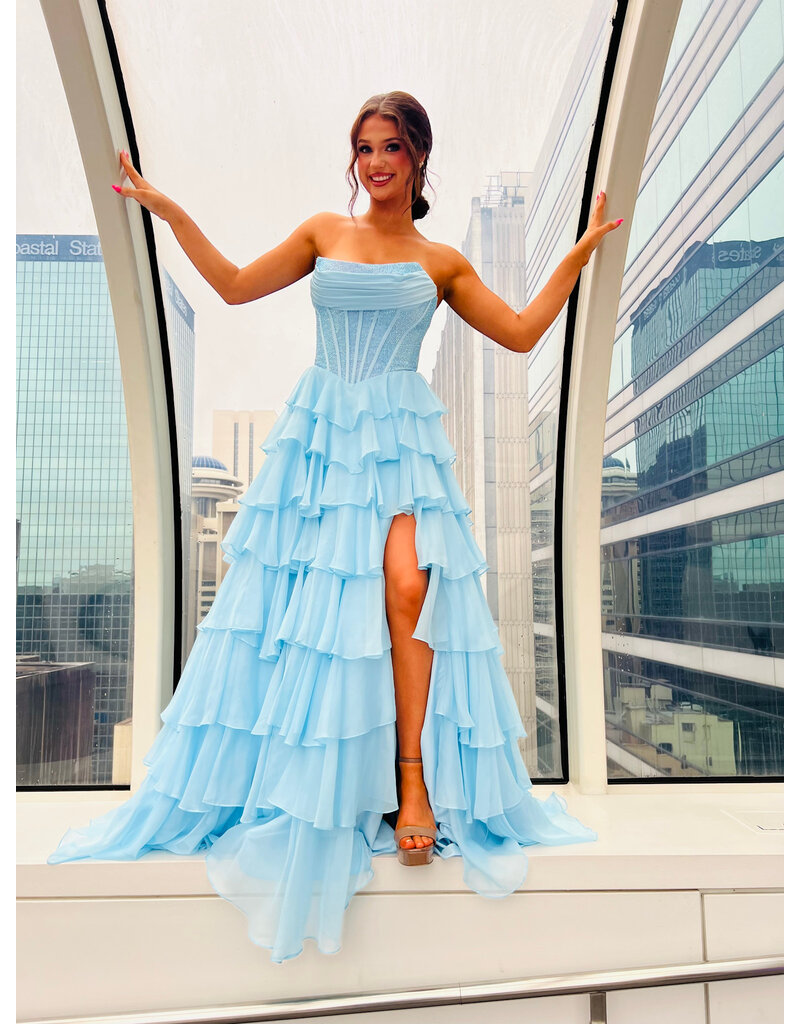 KATE PARKER Strapless beaded corset bodice ruffle ballgown 26230