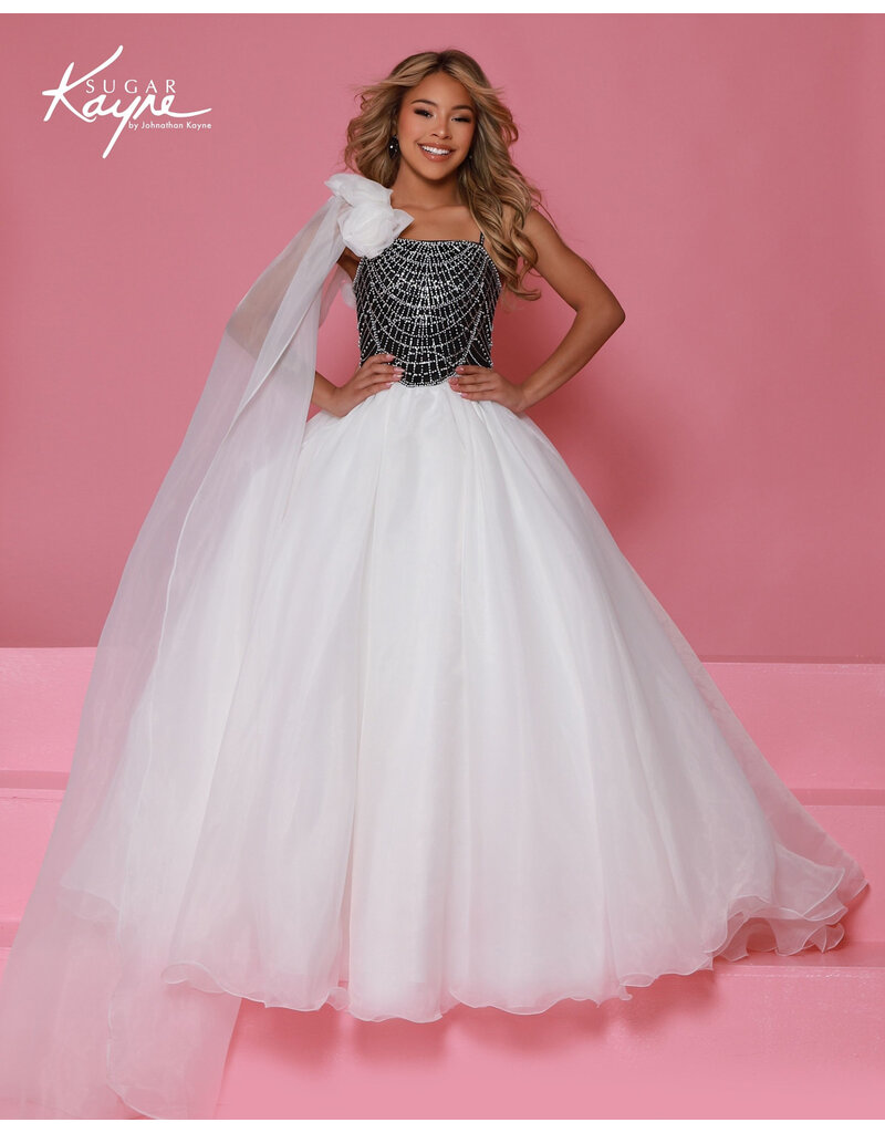 Sugar Kayne One shoulder beaded bodice organza ballgown C414