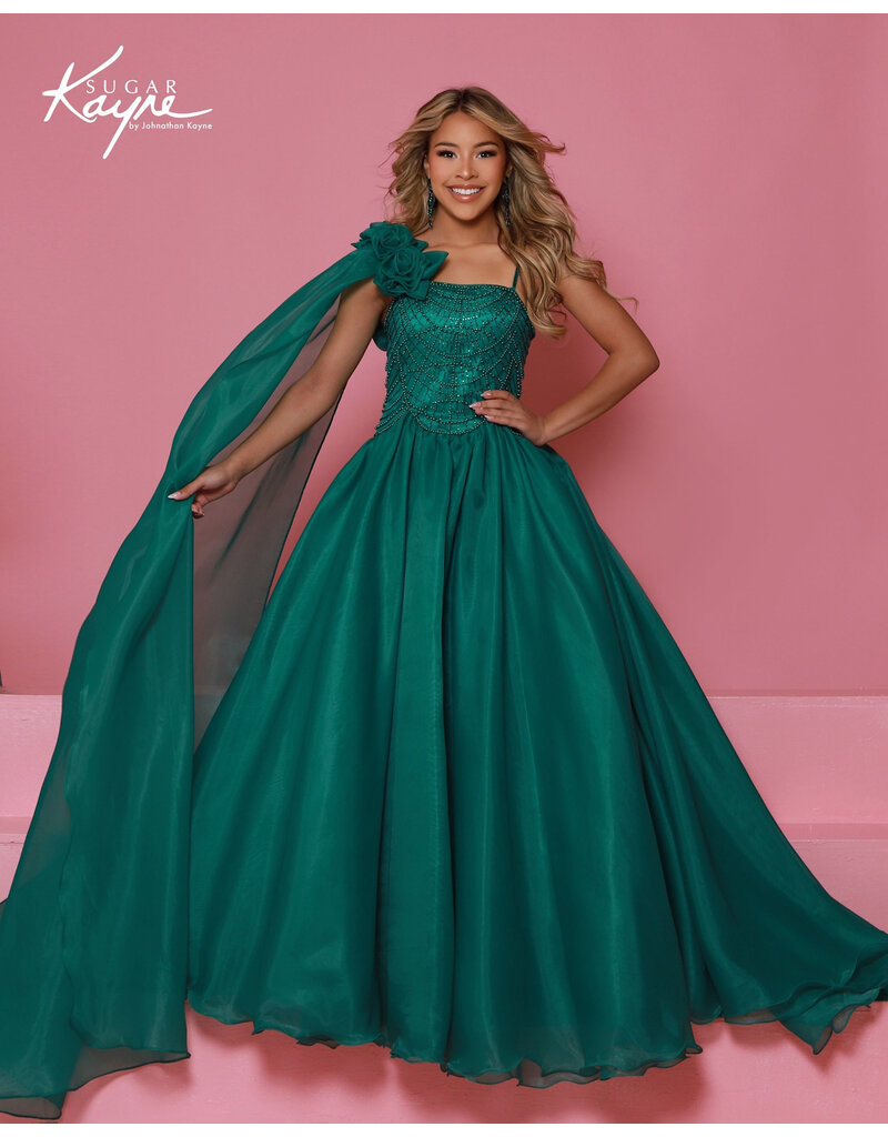 Sugar Kayne One shoulder beaded bodice organza ballgown C414