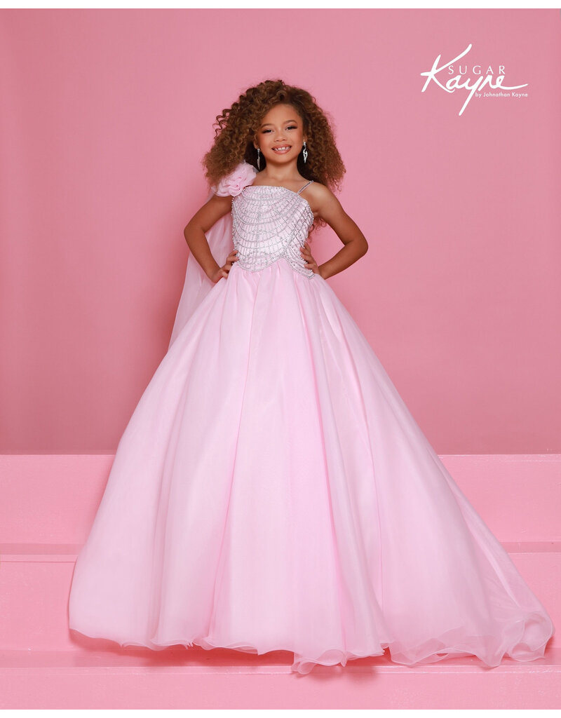 Sugar Kayne One shoulder beaded bodice organza ballgown C414