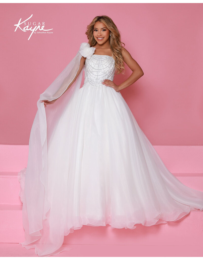 Sugar Kayne One shoulder beaded bodice organza ballgown C414